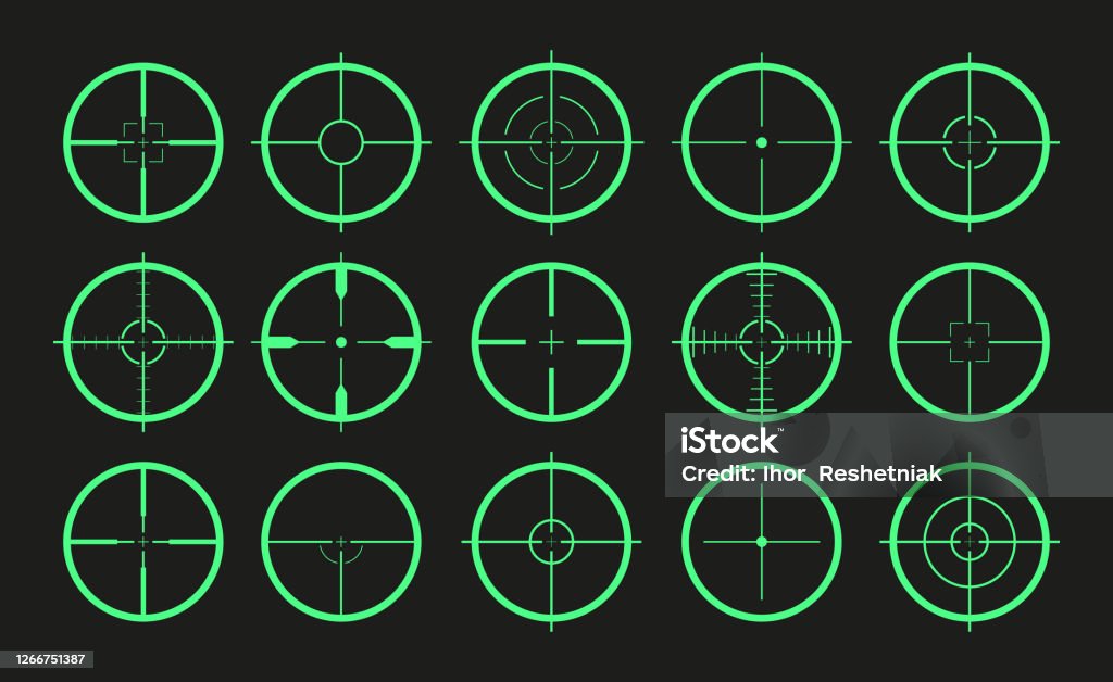 대상 아이콘입니다. 십자선과 저격수의 목표. 총, 군대에 대한 소총에 대한 시력. 군대에서 잠망경의 로고. 불스아이에서 무기에서 촬영. 게임에서 정확한 십자선. 광학 렌즈용 크로스, 도트. 벡� - 로열티 프리 국방 목표 벡터 아트