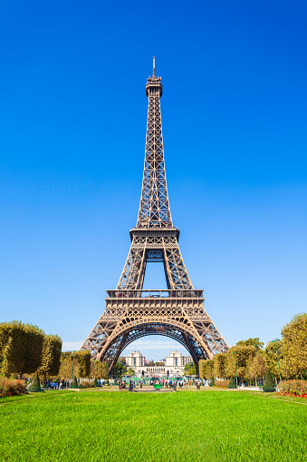 Eiffel Tower or Tour Eiffel is a wrought iron lattice tower on the Champ de Mars in Paris, France