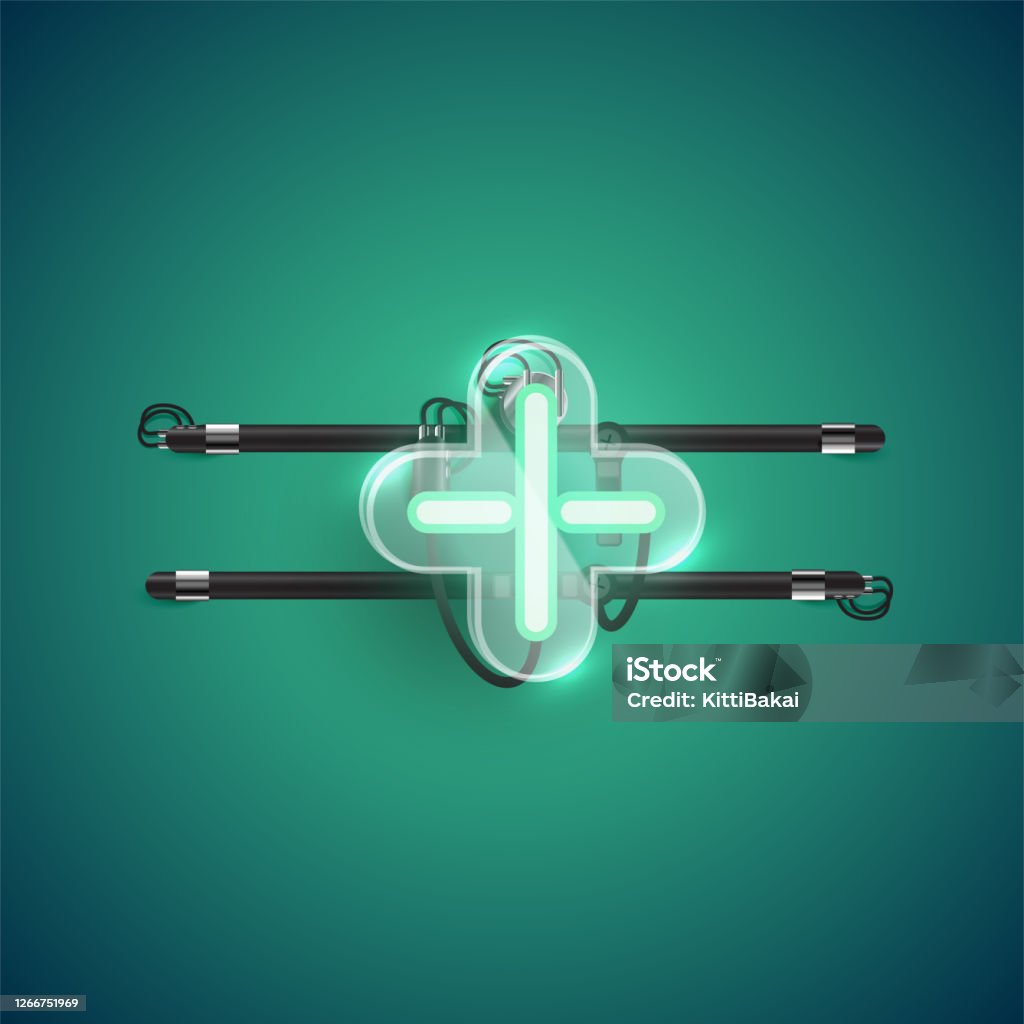 Realistic Neon Plus Sign Character With Plastic Case Around Vector ...