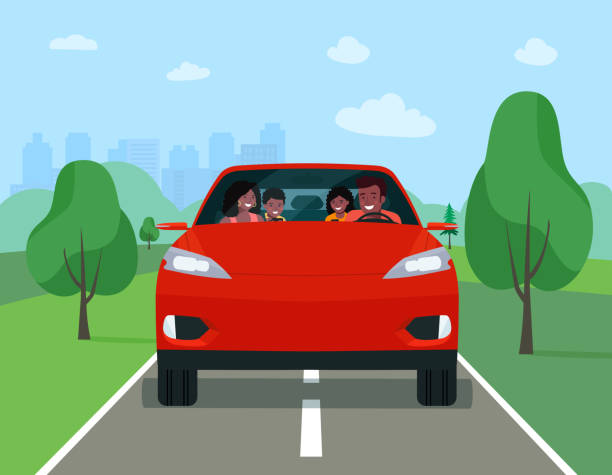 African family driving in modern electric car on weekend holiday. Vector flat illustration African family driving in modern electric car on weekend holiday. Vector flat illustration family in car stock illustrations