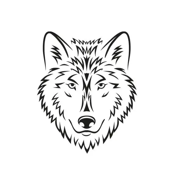 Vector illustration of Beautiful wolf head black line tattoo illustration on white background. Wild animal stylish symbol in black color. - Vector