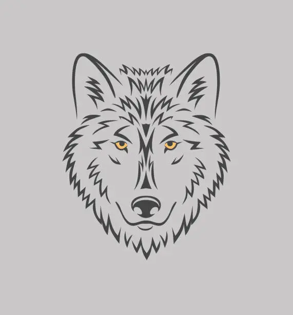 Vector illustration of Beautiful wolf head with yellow eyes illustration on gray background. Wild animal symbol for print. - Vector