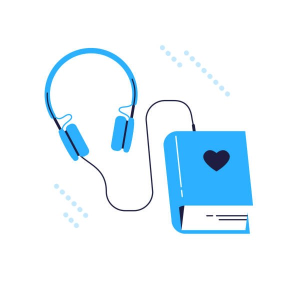 Audiobook metaphor with book and headphones in blue color isolated on white background. Audiobook metaphor with book and headphones in blue color isolated on white background. Line art, flat vector illustration. audio book stock illustrations