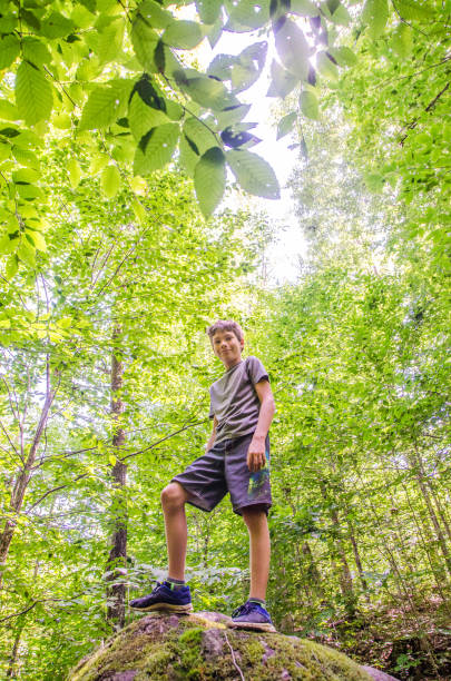 istock Boy standing on top of rock in forest 1266755807