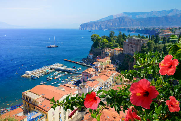 istock Red flowers. Sorrento downtown on a background 1266756699