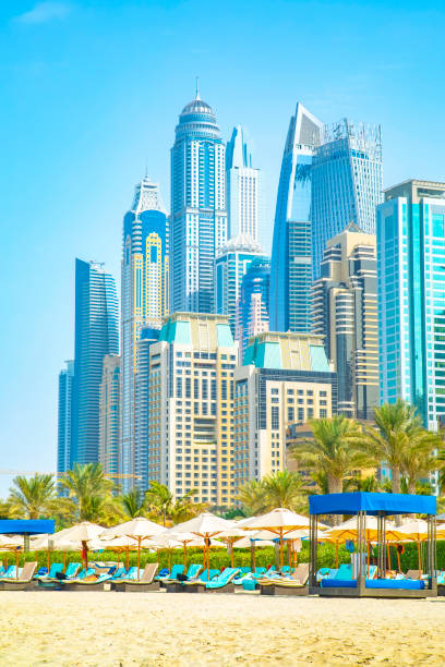 istock Dubai city skyline and Jumeirah beach 1266756792