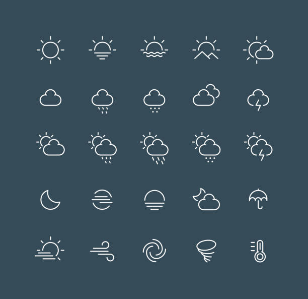 ilustrações, clipart, desenhos animados e ícones de ícones da linha meteorológica traçado editável - weather symbol sun meteorology