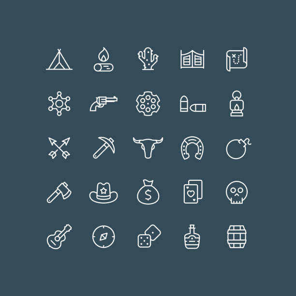 Wild West Line Icons Editable Stroke Set of wild west line vector icons. Editable stroke. pick axe stock illustrations