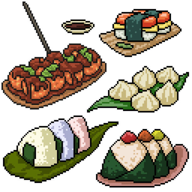 pixel art set isolated japanese snack pixel art set isolated japanese snack takoyaki stock illustrations