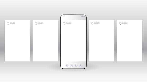 ilustrações de stock, clip art, desenhos animados e ícones de carousel interface post on social network. phone mockup on white background. minimal design. stories frame. social media mobile app page template. vector - apps mobile phone application software social media