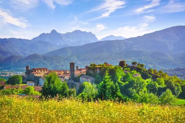 Castiglione della Garfagnana medieval village and Alpi Apuane mountains. Tuscany, Italy Europe