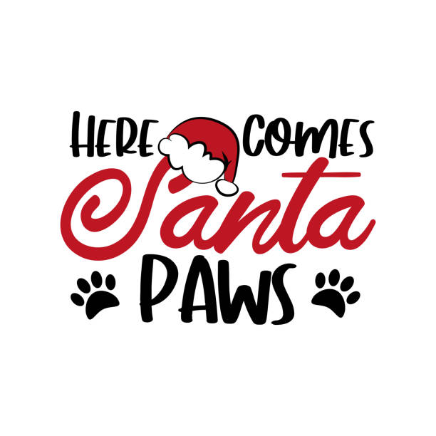 illustrations, cliparts, dessins animés et icônes de here comes santa paws - texte mignon de noël avec l’impression de patte. - santa dog