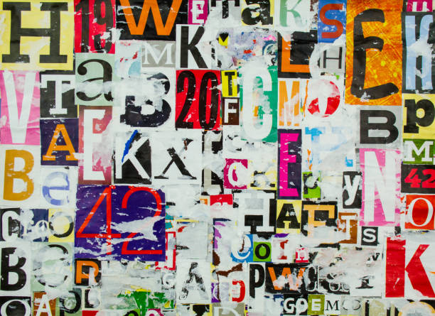 istock Colorful abstract collage from clippings with letters and numbers texture background. Torn and peeling pieces of magazine paper. 1266762035