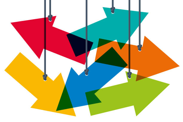 Several colored arrows symbolize the choice between several directions. Concept of the difficulty of choosing between several directions, with arrows of colors that symbolize the different possible orientations. orienteering stock illustrations