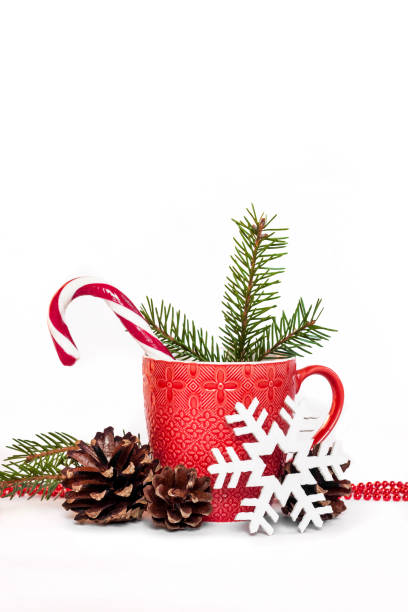 istock Christmas composition with red mug, pine cones, fir-needles and snowflake 1266762566