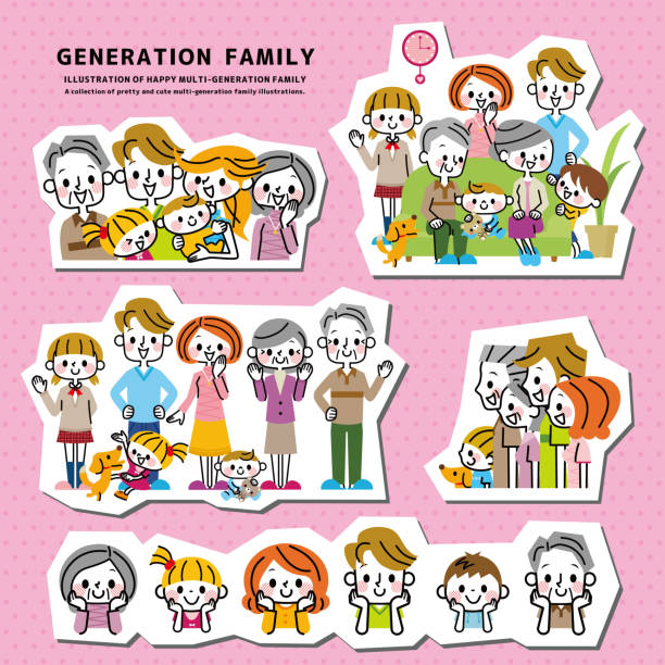 ilustraciones, imágenes clip art, dibujos animados e iconos de stock de esta es una feliz colección de ilustraciones familiares. - multi generation family illustrations