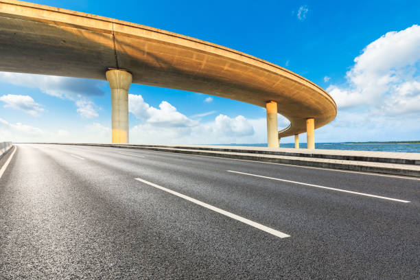 istock Asphalt road and viaduct with lake under blue sky. 1266764846