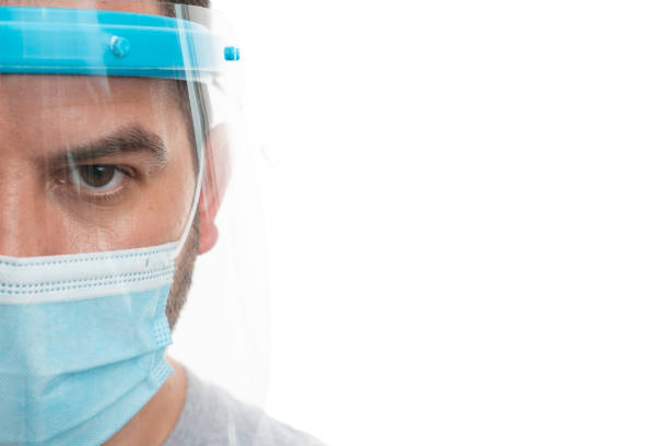 istock Close-up of face wearing protection with copyspace 1266765471
