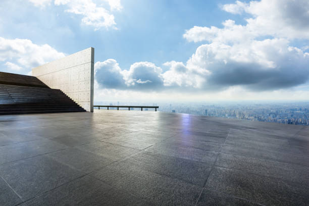 Empty square floor and city skyline in Shanghai.