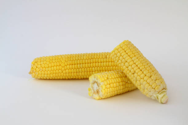 istock Fresh raw corn has yellow seeds isolated on a white background with a clipping path. Corn broke in half and peeled with pile together. 1266767000