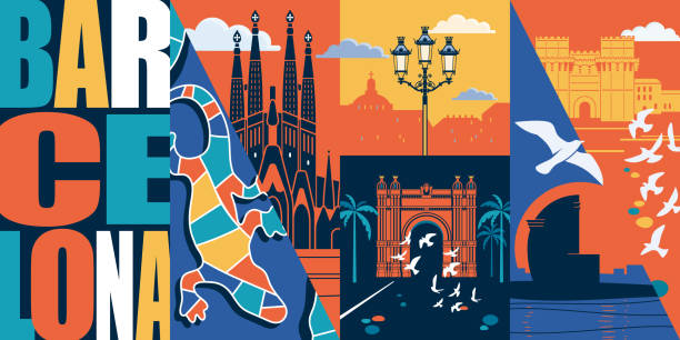 hiszpania, katalonia wektorowa ilustracja panoramy, pocztówka. podróż do barcelony nowoczesny płaski element graficzny - barcelona stock illustrations