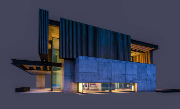 istock 3d rendering of modern house with wood plank facade isolated on black 1266767738