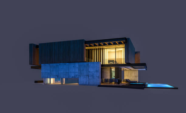 istock 3d rendering of modern house with wood plank facade isolated on black 1266767740