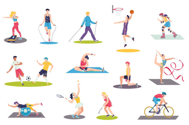 illustrations, cliparts, dessins animés et icônes de personnes faisant des exercices de sport ensemble d’illustration vectorielle, dessin animé plat homme femme caractères sportifs formation, activité sportive isolée sur le blanc - tennis women one person vitality