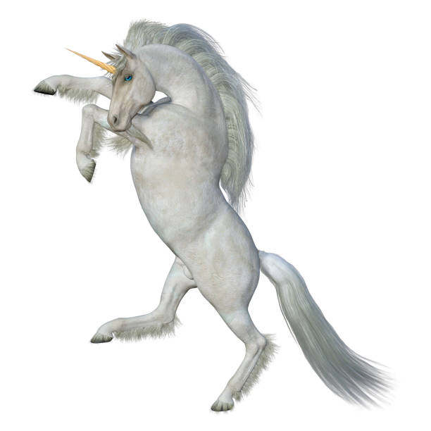 istock 3D illustration fantasy white unicorn on white 1266769011