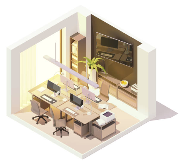 Vector isometric office room Vector isometric office room interior. Wooden desk with desktop computer monitors, cabinets, office chairs, office equipment, furniture and stationery corporate office cubicle stock illustrations