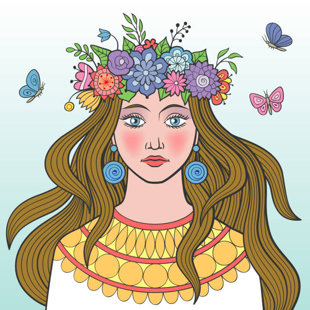 Woman in a wreath of flowers. Colored vector illustration Woman in a wreath of flowers. Colored vector illustration springtime woman stock illustrations