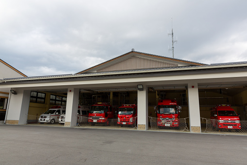 Fire trucks and ambulances at the Nikko Fire Station in Nikko, Tochigi, Japan.