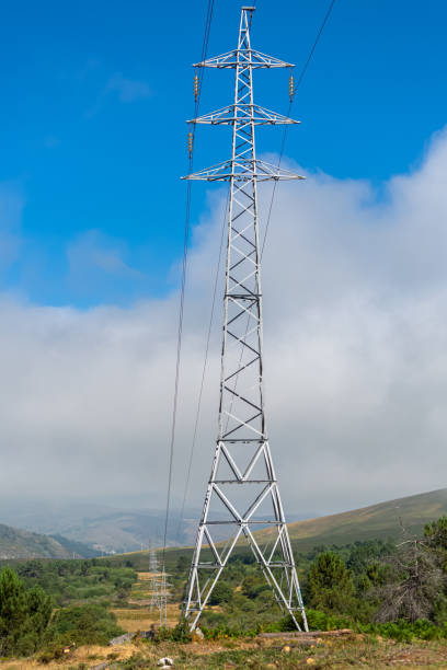 istock View at the mountains with high voltage electric posts, metallic structures tower 1266772200