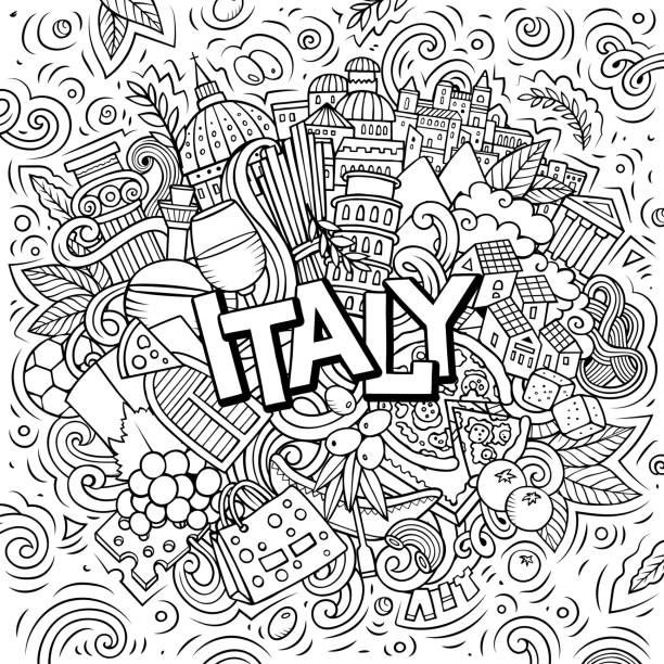 ilustraciones, imágenes clip art, dibujos animados e iconos de stock de ilustración de gar días de dibujos animados dibujados a mano por italia. diseño de viaje divertido. - italian culture rome europe cartoon