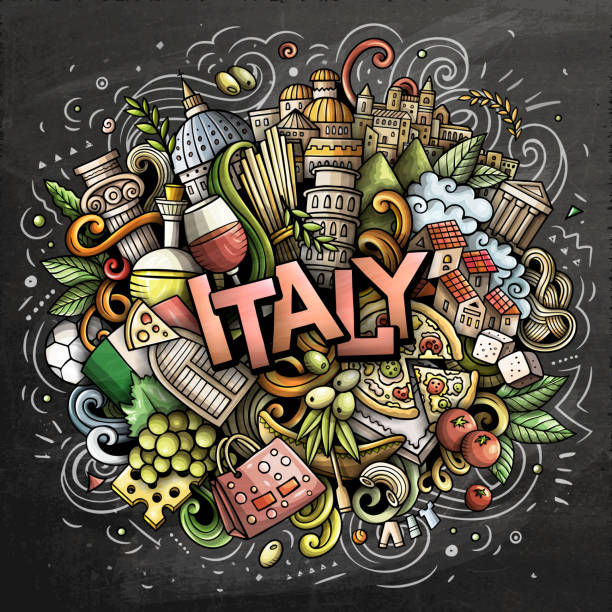 ilustraciones, imágenes clip art, dibujos animados e iconos de stock de ilustración de gar días de dibujos animados dibujados a mano por italia. diseño de viaje divertido. - italian culture rome europe cartoon