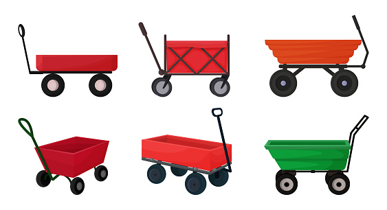 Vector illustration with a cart for the garden in a cartoon style. A set of 6 different cars in red, yellow, green,
for gardening, harvesting, planting seedlings