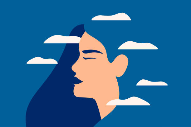 A sad young woman has a clouded mind on blue background. A sad young woman has a clouded mind on blue background. A depressed girl suffers from temporary memory loss and confusion. Vector illustration sad woman thinking stock illustrations