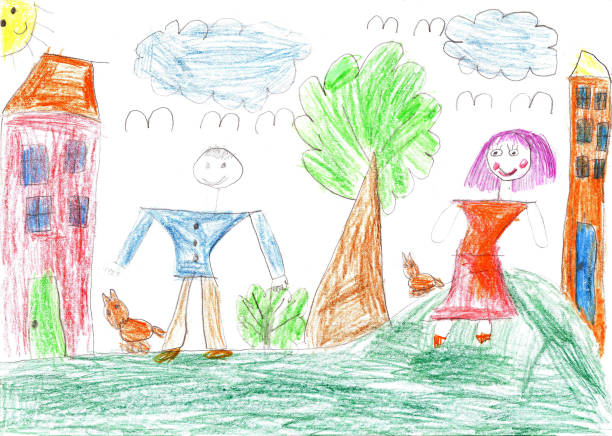 istock Child's drawing of a happy family on a walk 1266775627