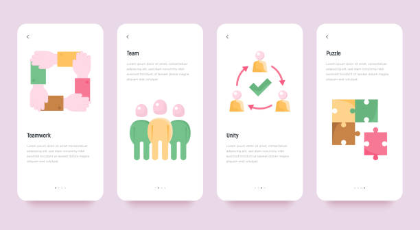 フラットなアイコンを持つチームワークモバイルユーザーインターフェイス:チーム、団結、パズル、コラボレーション。現代のベクトルイラスト、コピースペース付きテンプレート。 - human resources recruitment occupation puzzle点のイラスト素材／クリップアート素材／マンガ素材／アイコン素材