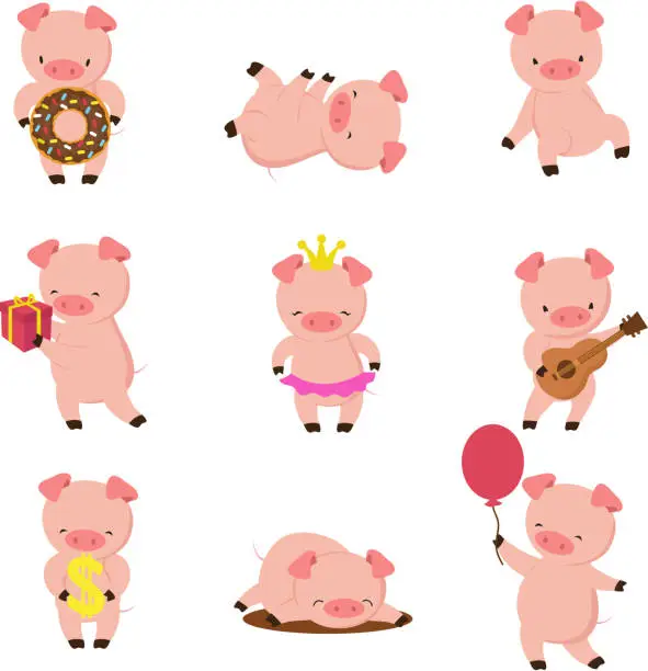 Vector illustration of Kawaii pigs. Funny baby pig in mud, piggy eating and running. Cartoon swine vector character