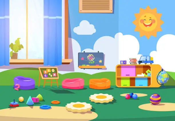 Vector illustration of Kindergarten room. Empty playschool room with toys and furniture. Kids playroom cartoon vector interior