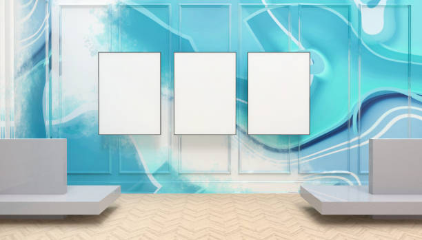 istock Mock up white Three frames and Modern creative wall Display Room on Abstract Art Blue - Green background- 3d rendering 1266780324