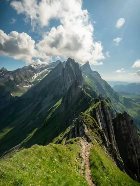 Rocky face mountain and mountain peaks in Appenzell, Switzerland