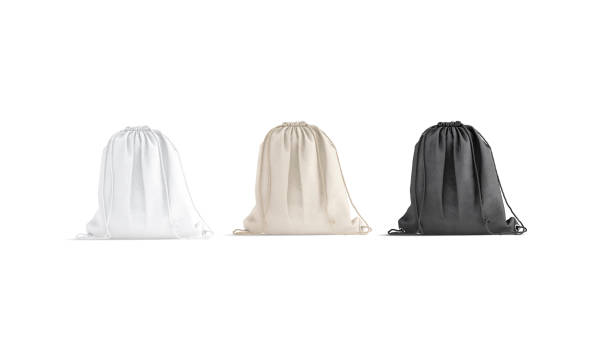 Blank black, white, canvas drawstring backpack mockup set, front view Blank black, white, canvas drawstring backpack mockup set, front view, 3d rendering. Empty linen or fabric haversack mock up, isolated. Clear cloth packing with strap template. shoulder bag stock pictures, royalty-free photos & images