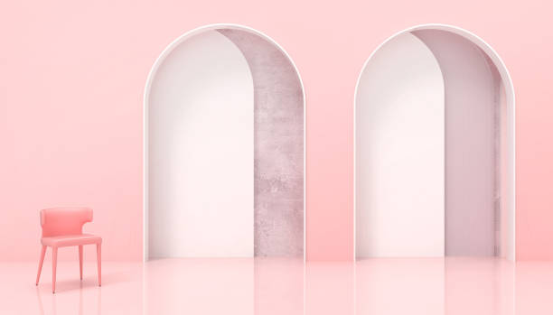 istock Creative Modern Room Minimal Door and chairs Display on red background - 3d rendering 1266782613