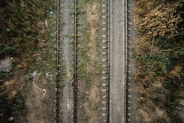 istock Aerial view of empty railway tracks, drone view. Textured railway tracks. 1266784607