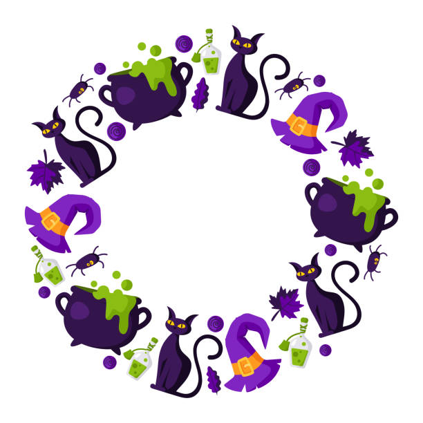 illustrazioni stock, clip art, cartoni animati e icone di tendenza di cartone animato di halloween simpatici oggetti isolati - halloween witch domestic cat frame