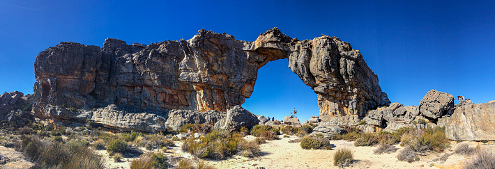 Panoramic view of the Wolfberg Arch with people, Southern Cederberg Wildernis Area, Western Cape, South Africa