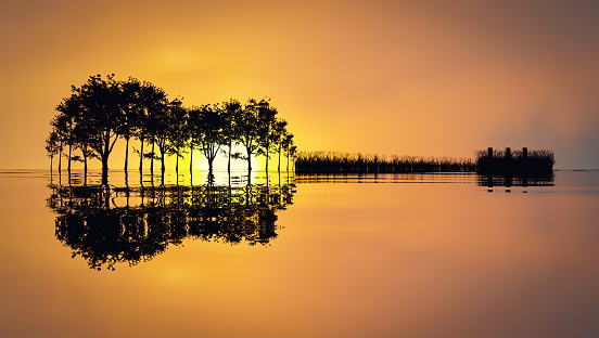 Asian village lifestyle, silhouette of a local Thai male fisherman fishing by a freshwater lake during dawn sunrise time, very beautiful scenic view