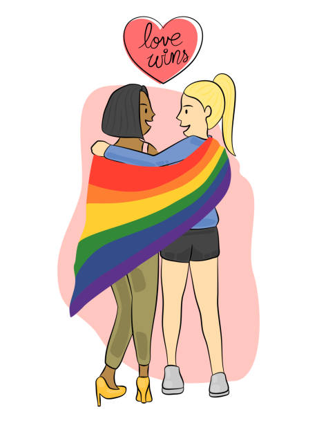 ilustrações de stock, clip art, desenhos animados e ícones de lgbtq  and togetherness concept, women embrace and hug each other with pride rainbow flag cover them together - gossip couple love concepts